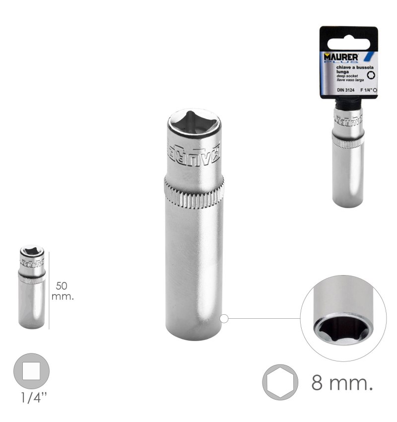 LLave Vaso Larga 1/4" / 8 mm. Hexagonal. / Longitud 50 mm. Realizada en Acero Cromo Vanadio