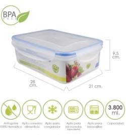 Recipiente Hermetico Plastico Rectangular 3.800 ml. 28x21x9.5 (Alt.) cm.