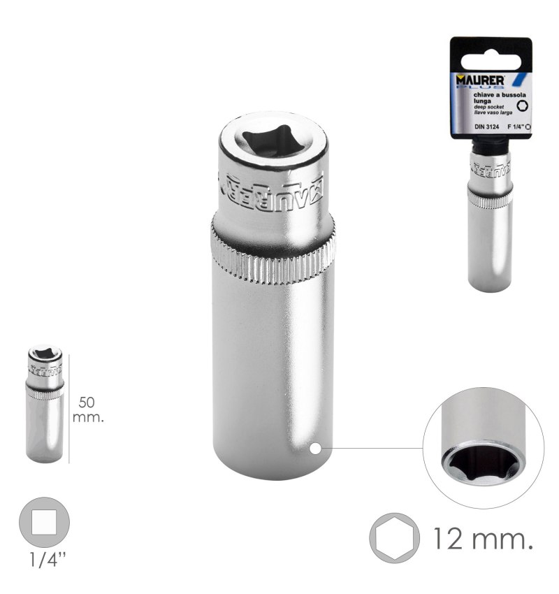 LLave Vaso Larga 1/4" / 12 mm. Hexagonal. / Longitud 50 mm. Realizada en Acero Cromo Vanadio