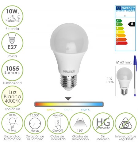 Bombilla Led Standar Rosca E27 (Gorda) 10 Watt. Equivalente a 75 Watt. 1055 Lumenes. Luz Blanca (4.000º K) A+