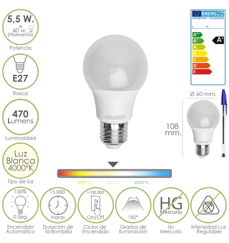 Bombilla Led Standar Rosca E27 (Gorda) 5,5 Watt. Equivale a 40 Watt.470 Lumenes. Luz blanca (4000º K) A+.