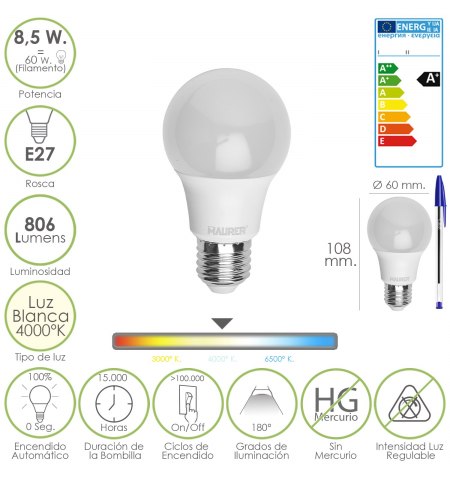 Bombilla Led Standar Rosca E27 (Gorda) 8,5 Watt. Equivale a 60 Watt.806 Lumenes. Luz blanca (4000º K) A+