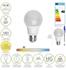 Bombilla Led Standar Rosca E27 (Gorda) 14 Watt. Equivale a 100 Watt. 1521 Lumenes. Luz cálida (3.000º K) A+