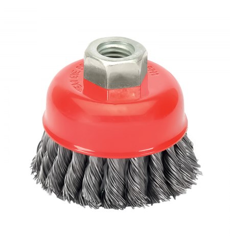 Cepillo Taza Con Alambre De Acero Trenzado Rosca M14, Ø 100 mm. Alambre de Ø 0,50 mm.
