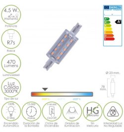 Bombilla / Lampara Lineal Led Rosca R7s 4,5 W.  40 W.  450 Lumenes Luz Cálida (3000 º K.)