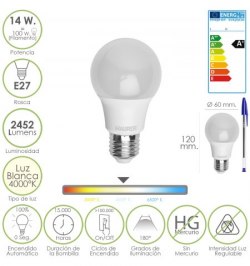 Bombilla Led Standar Rosca E27 (Gorda) 14 W. Equivale a 100 W. 1521 Lumenes. Luz Blanca (4000º K) A+