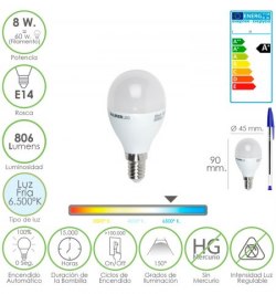Bombilla Led Globo Mini Rosca E14 (Fina) 8 Watt. Equivale A 60 Watt. 806 Lumenes. Luz Fria (6500º K.) A+
