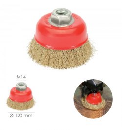 Cepillo Taza Con Alambre De Acero Latonado Rosca M14, Ø 120 mm. Alambre de Ø 0,30 mm.