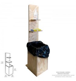 Soporte Madera Contrachapada Con Baldas Para Gel y Guantes, Con Cubo Basura. Altura Total 135 cm.