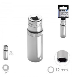 LLave Vaso Larga 1/4" / 12 mm. Hexagonal. / Longitud 50 mm. Realizada en Acero Cromo Vanadio