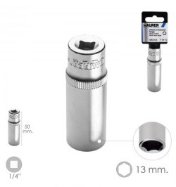 LLave Vaso Larga 1/4" / 13 mm. Hexagonal. / Longitud 50 mm. Realizada en Acero Cromo Vanadio