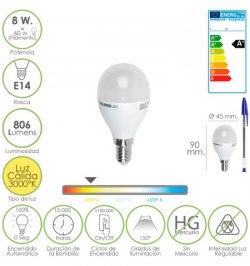 Bombilla Led Globo Mini Rosca E14 (Fina). 8 Watt. Equivale A 60 Watt. 806 Lumenes. Luz Cálida (3000º K.) A+