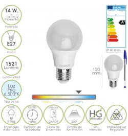 Bombilla Led Standar Rosca E27 (Gorda) 14 Watt. Equivale a 100 Watt. 1521 Lumenes. Luz fría (6.500º K) A+