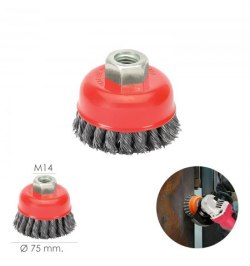 Cepillo Taza Con Alambre De Acero Trenzado Rosca M14, Ø 75 mm. Alambre de Ø 0,50 mm.