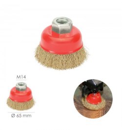 Cepillo Taza Con Alambre De Acero Latonado Rosca M14, Ø 65 mm. Alambre de Ø 0,30 mm.