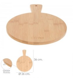 Tabla Cortar Redonda Hecha En Madera De Bambu 100% Con Mango Ø26x36 cm. tabla Cortar, Carne Pescado, Verduras, Frutas, Alimentos