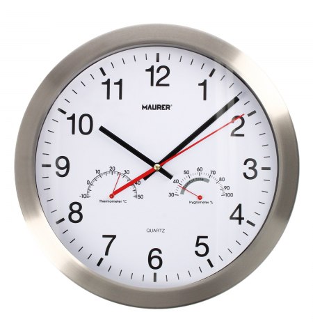 Reloj De Pared Ø 30 cm. Con Higrometro y Termometro. Frontal En Acero