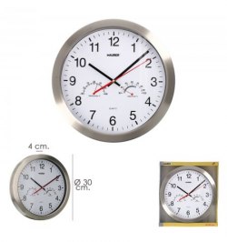 Reloj De Pared Ø 30 cm. Con Higrometro y Termometro. Frontal En Acero