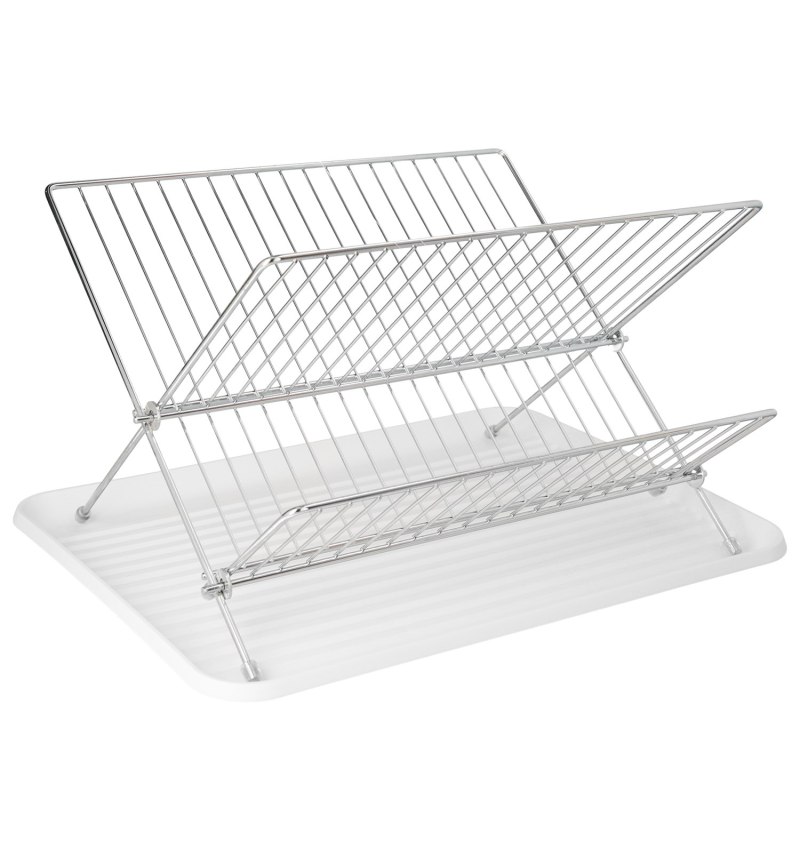 Escurreplatos Plegable Con Rejilla De Acero Cromado Y Bandeja De Secado, 2 Niveles