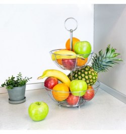 Frutero 2 Niveles, Acero Cromado, Doble Canasta De Rejilla, 45x29x8cm