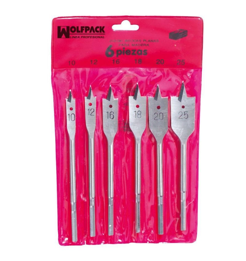 Juego Brocas Planas Madera 3 Puntas Wolfpack 6 Piezas
