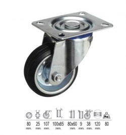 Rueda Industrial Goma Negra Placa   80 mm.