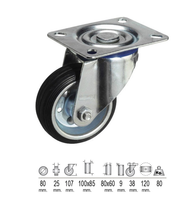 Rueda Industrial Goma Negra Placa   80 mm.