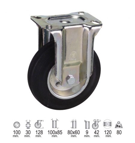 Rueda Industrial Goma Negra Fija 100 mm.