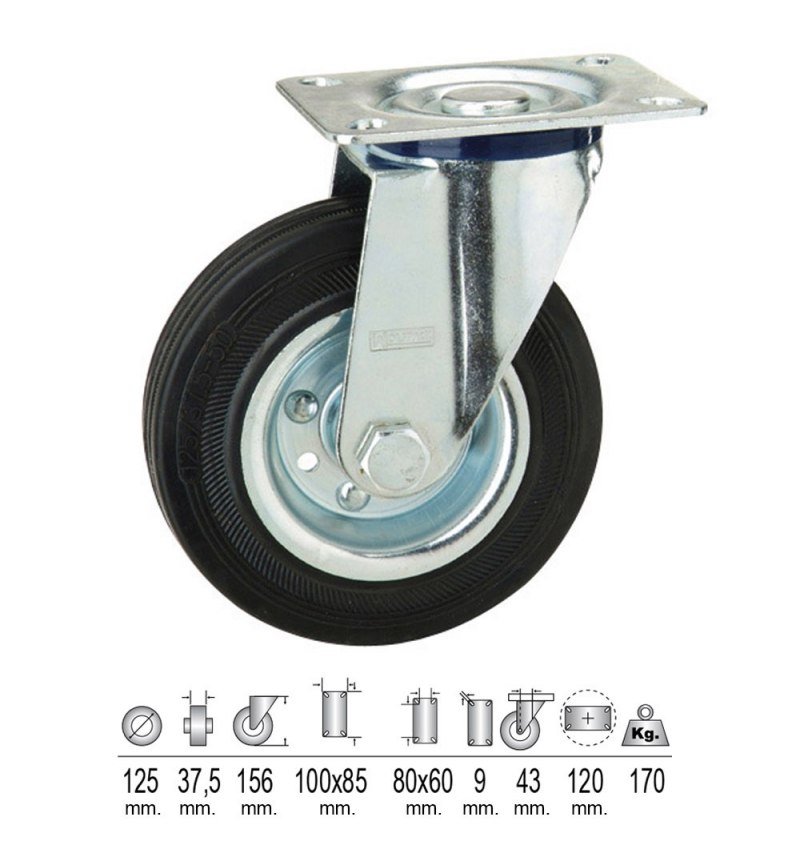 Rueda Industrial Goma Negra Placa  125 mm.