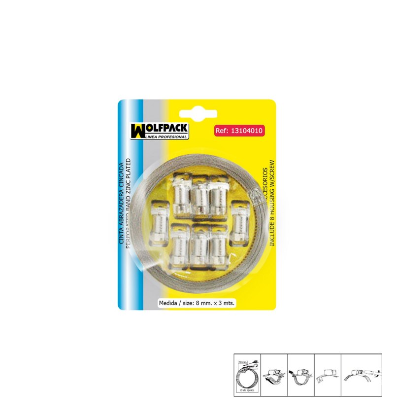 Cinta Abrazadera  cortar Zincada   8 mm.  x 3 m. con 8 tornillos