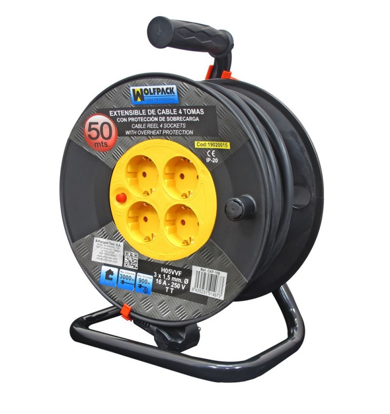 Extensible Industrial 4 Tomas 50 Metros 3 x 1,5 mm. con Protección Sobrecarga
