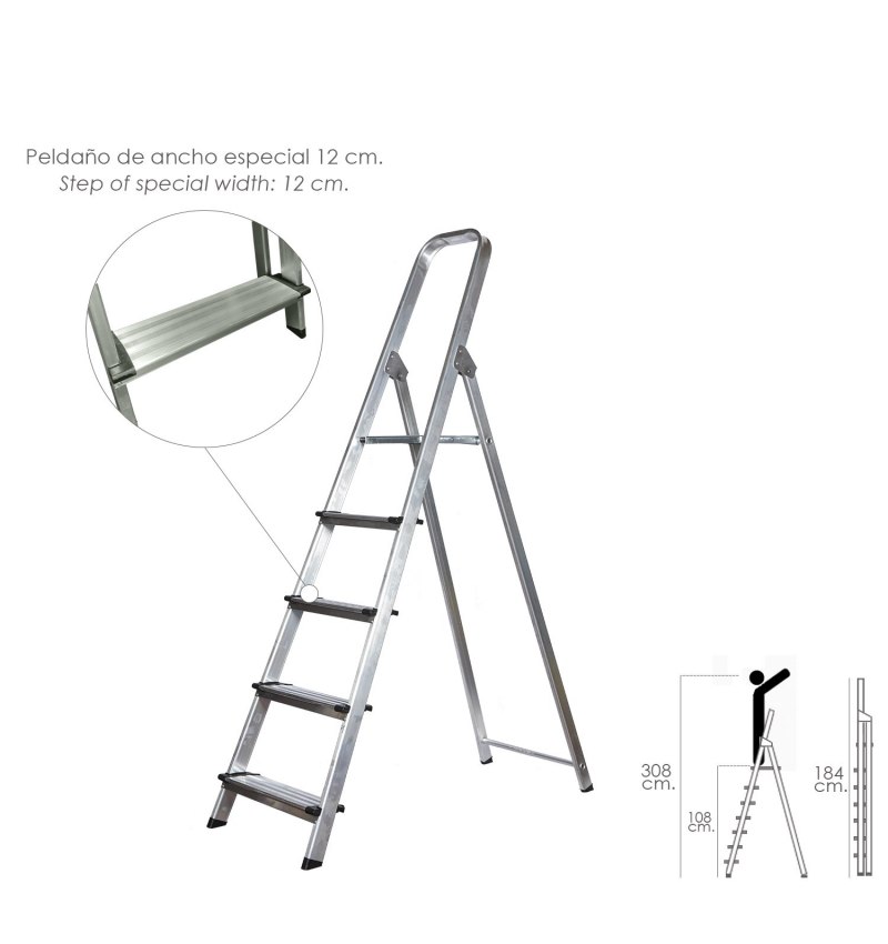 Escalera Aluminio Doméstica Profesional  5 Peldaños (Peldaño de 12 cm.)