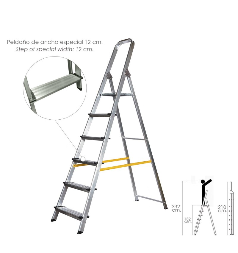 Escalera Aluminio Doméstica Profesional  6 Peldaños (Peldaño de 12 cm.)