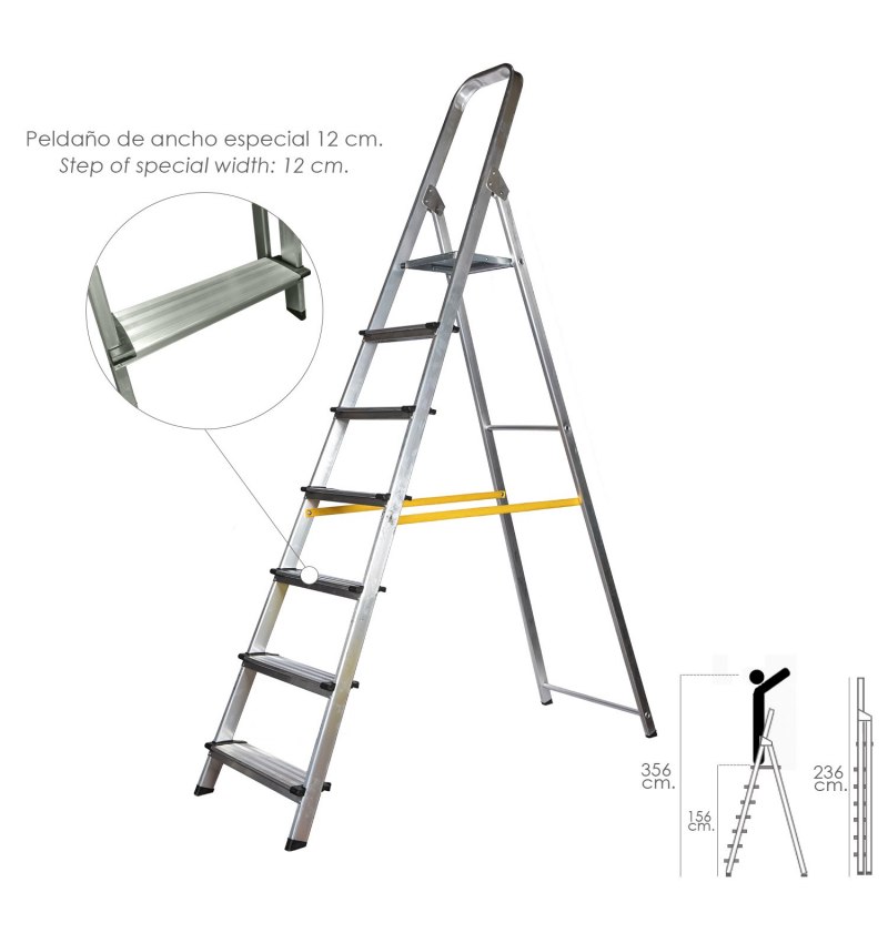 Escalera Aluminio Doméstica Profesional  7 Peldaños (Peldaño de 12 cm.)