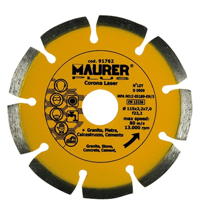 Disco Diamante Maurer Segmentado Laser Hormigón, Piedra, Granito 115 mm.