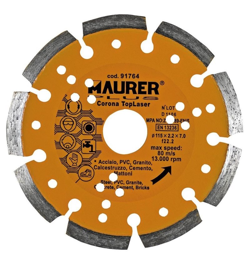 Disco Diamante Maurer Segmentado Laser Acero, PVC, Hormigón, Granito 115 mm.