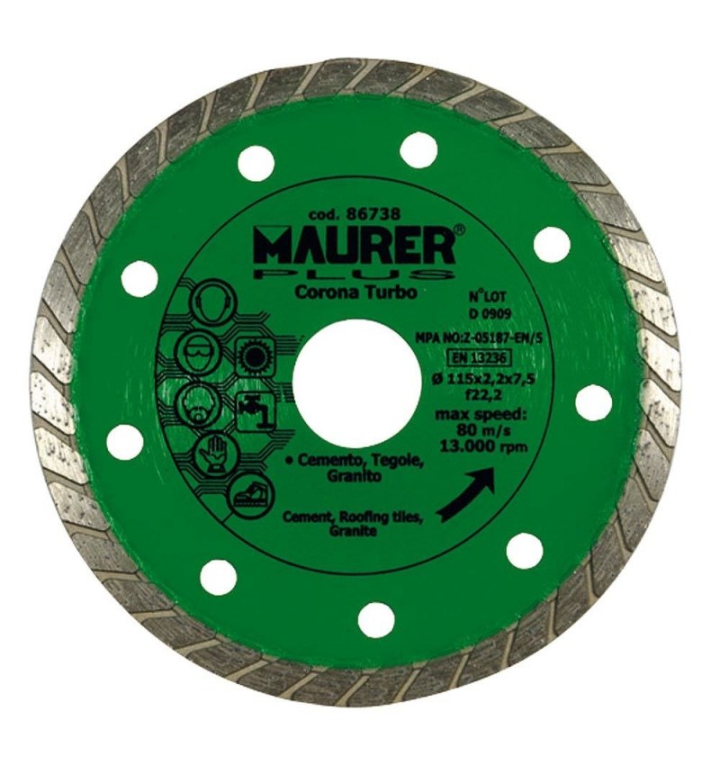 Disco Diamante Maurer Continuo Turbo Cemento, Tejas, Granito 115 mm.