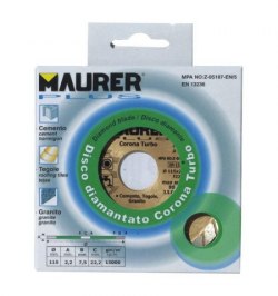Disco Diamante Maurer Continuo Turbo Cemento, Tejas, Granito 115 mm.