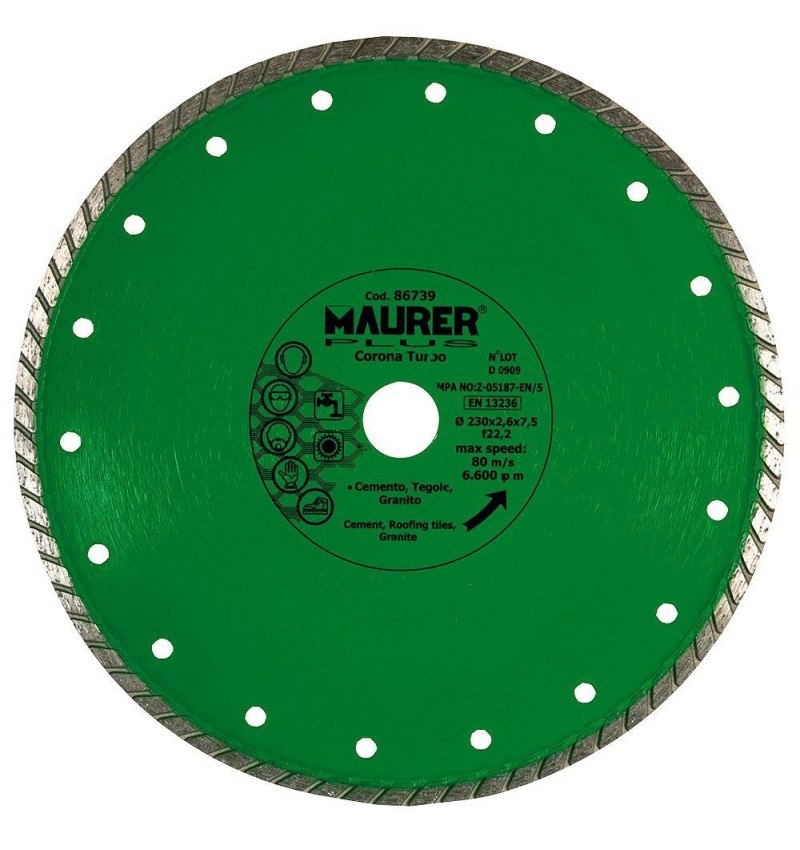 Disco Diamante Maurer Continuo Turbo Cemento, Tejas, Granito 230 mm.