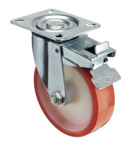 Rueda Industrial Poliuretano Placa con freno 125 mm.