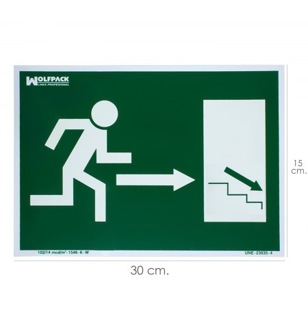 Cartel / Señal Fluorescente / Señal Fluorescente Salida Escalera Derecha Abajo 21x30 cm.