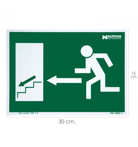Cartel / Señal Fluorescente Salida Escalera Izquierda Abajo 21x30 cm.