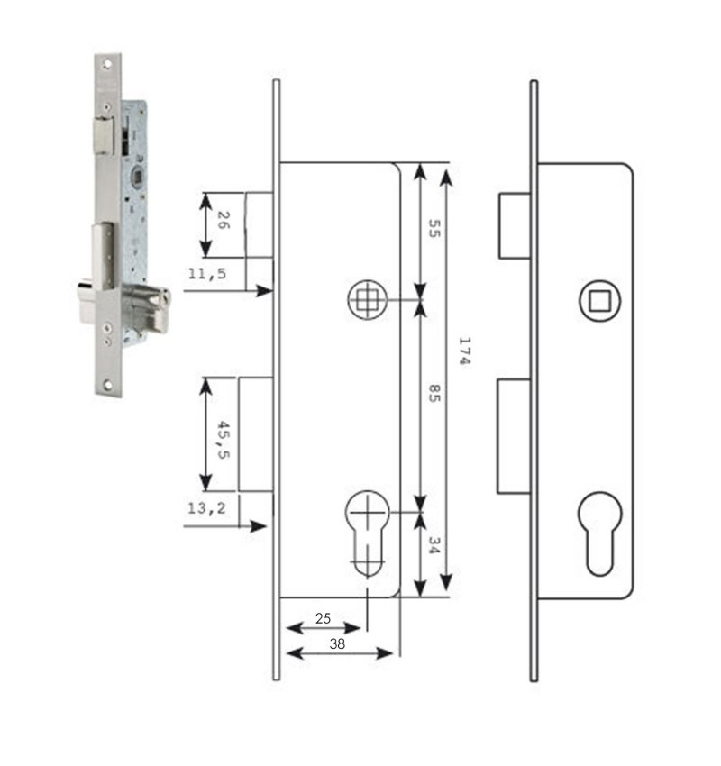Cerradura Tesa 2210/38/ssi Sin cerradero Sin escudo