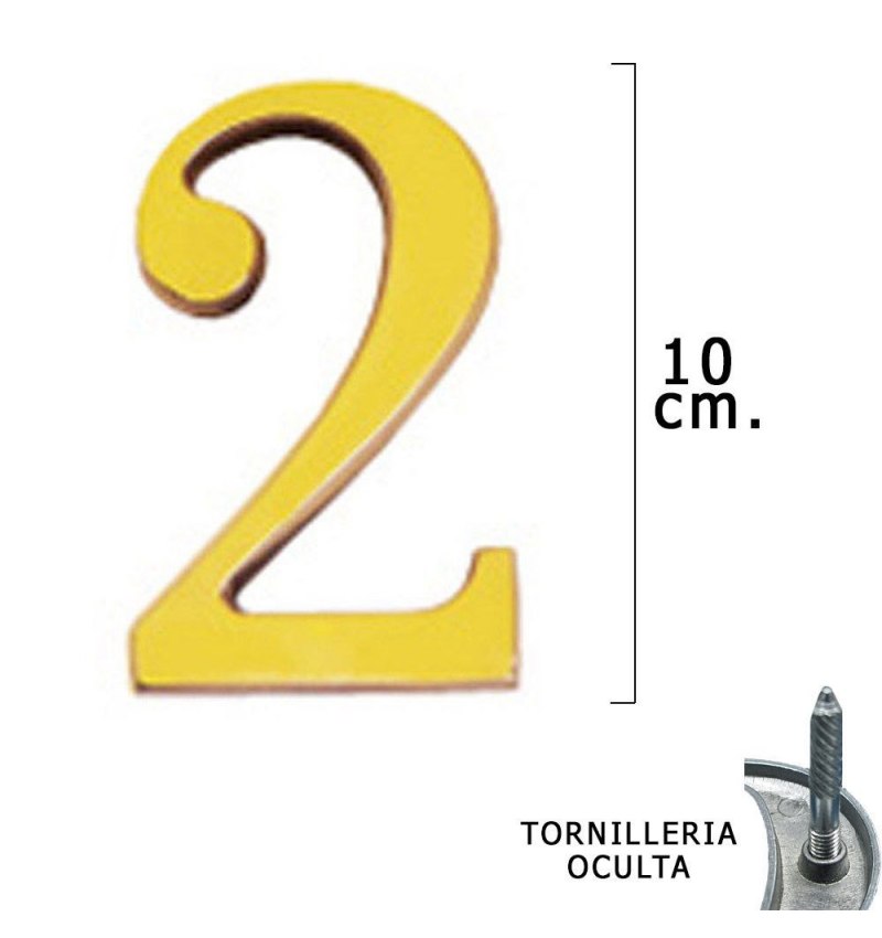 Numero Latón "2" 10 cm. con Tornilleria Oculta (Blister 1 Pieza)