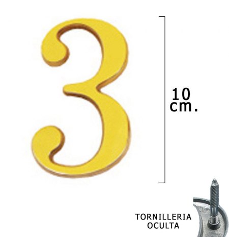 Numero Latón "3" 10 cm. con Tornilleria Oculta (Blister 1 Pieza)