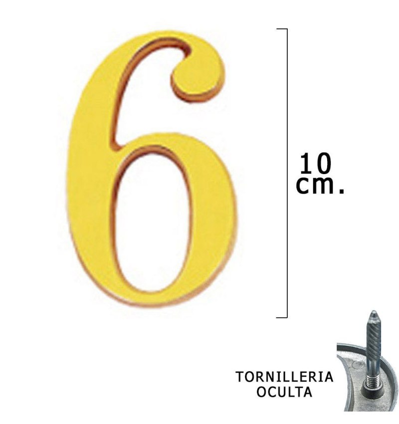 Numero Latón "6" 10 cm. con Tornilleria Oculta (Blister 1 Pieza)