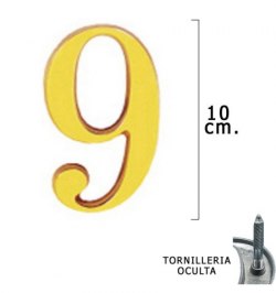 Numero Latón "9" 10 cm. con Tornilleria Oculta (Blister 1 Pieza)