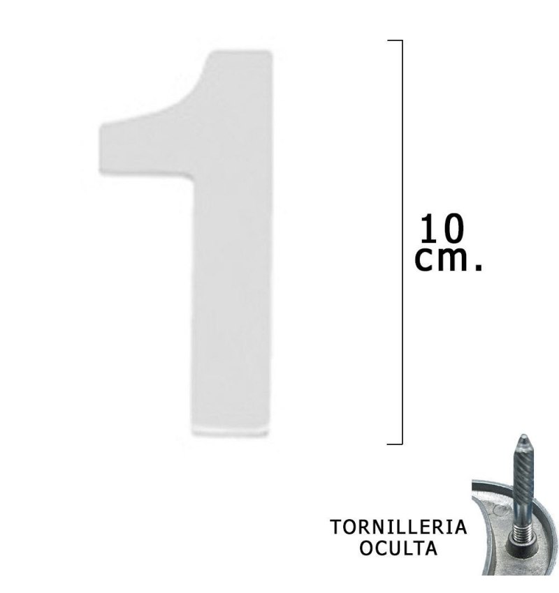 Numero Metal "1" Plateado Mate 10 cm. con Tornilleria Oculta (Blister 1 Pieza)