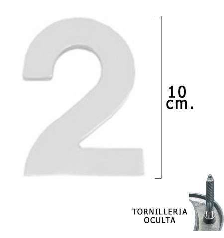 Numero Metal "2" Plateado Mate 10 cm. con Tornilleria Oculta (Blister 1 Pieza)