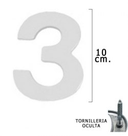 Numero Metal "3" Plateado Mate 10 cm. con Tornilleria Oculta (Blister 1 Pieza)